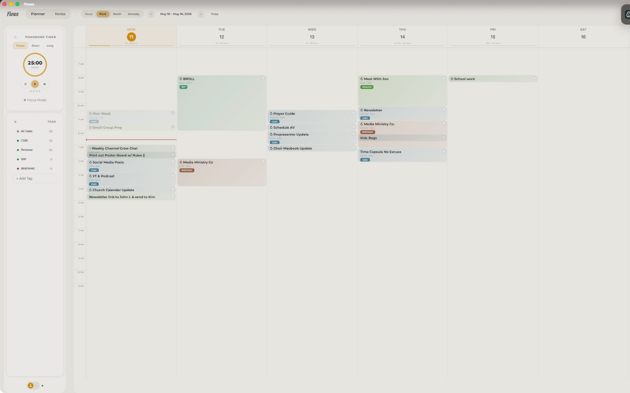 Flows desktop app showing the week view with color-coded tasks, timer, and tags